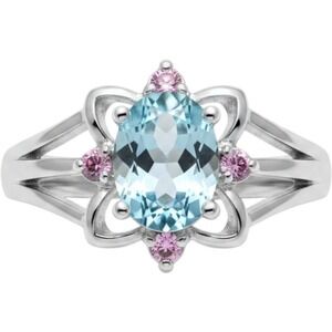 Avon Sterling Silver 925 Blue Oval Stone Pink Accent Floral Ring Size 6